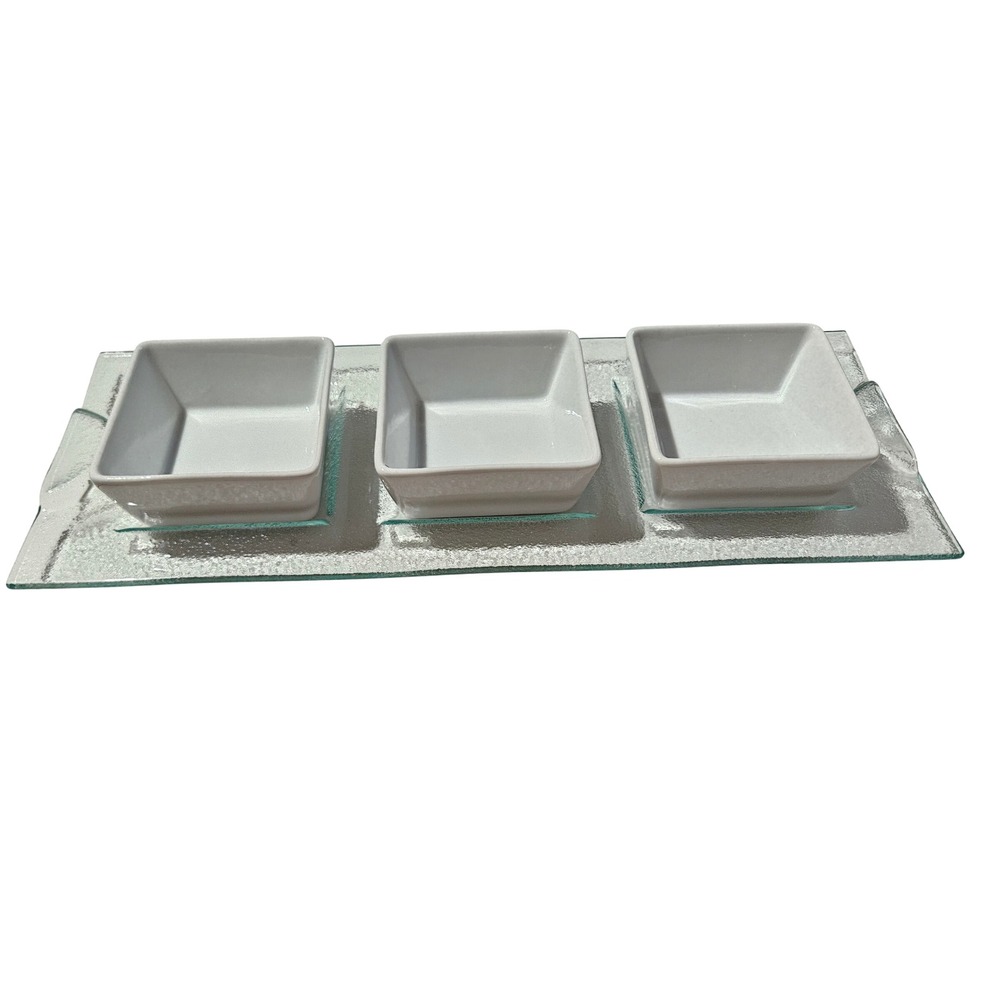 Modern White Ceramic 3 Bowl Server Set with Textured Glass Tray